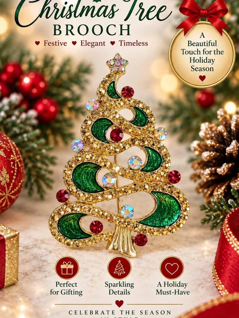615 Festive Gold & Green Christmas Tree Brooch with Red Accents